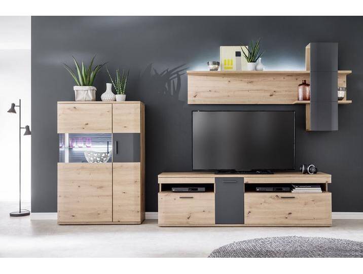 Wohnwand Anbauwand Cortona 2 , Balkeneiche / anthrazit , 3-teilig , LED Beleuchtung von fh furnhaus