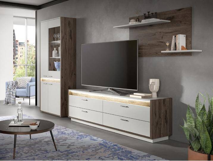 Wohnwand Anbauwand Falcona 2 , 3-teilig , Nox Oak dunkel / hellgrau , inkl. Frontbeleuchtung von fh furnhaus