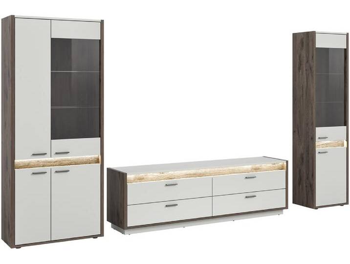 Wohnwand Anbauwand Falcona 4 , 3-teilig , Nox Oak dunkel / hellgrau , LED Beleuchtung von fh furnhaus