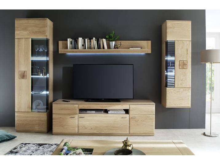 Wohnwand Anbauwand I Bologna 2 , Eiche Bianco , 4-teilig , LED Beleuchtung von fh furnhaus