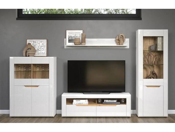 Wohnwand Anbauwand Marlon weiß Hochglanz / Evoke Eiche mit 2 x 2er Set Unterbauspot von fh furnhaus