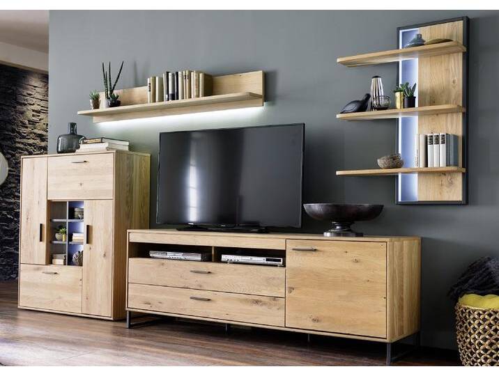 Wohnwand Anbauwand Portland , Asteiche Bianco massiv , 4-teilig , LED Beleuchtung von fh furnhaus