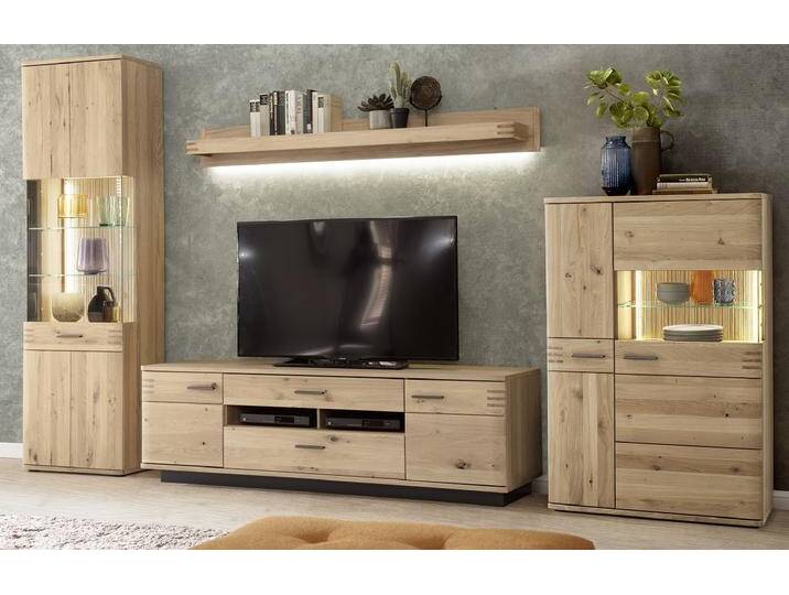 Wohnwand Anbauwand Salvador 1 , Balkeneiche Bianco , 4-teilig , LED Beleuchtung von fh furnhaus