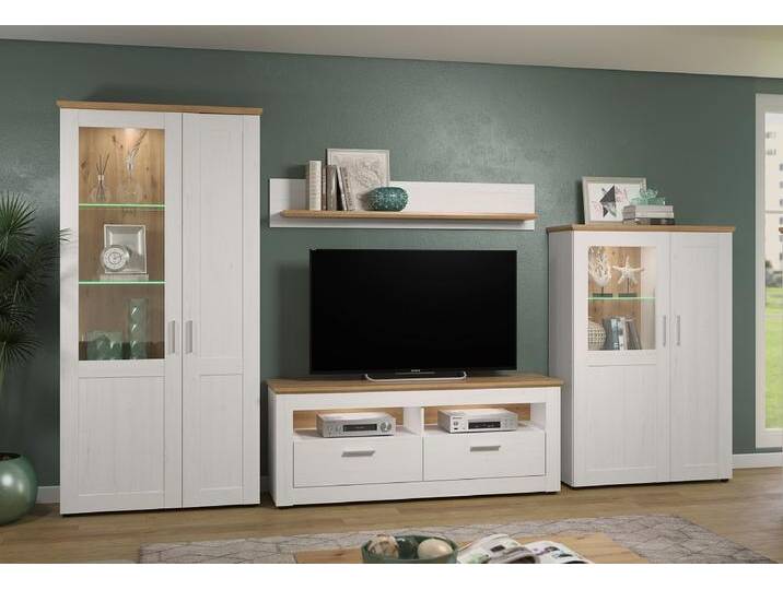 Wohnwand Anbauwand Shade , Andersen Pinie weiß / Artisan Eiche , Landhausstil , 4-teilig , LED Beleuchtung von fh furnhaus