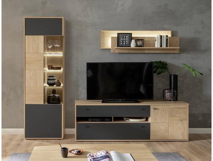 Wohnwand Anbauwand Valencia , Balkeneiche Bianco / Glas anthrazit , 3-teilig Wohnwand Anbauwand Valencia , Balkeneiche Bianco / Glas anthrazit , 3-teilig von fh furnhaus