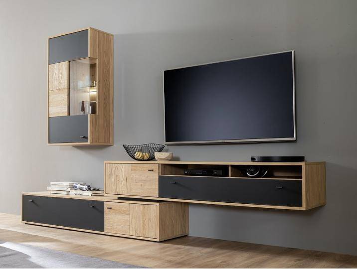 Wohnwand Anbauwand Valencia 2 , Balkeneiche Bianco / Glas anthrazit , 2-teilig , LED Beleuchtung von fh furnhaus