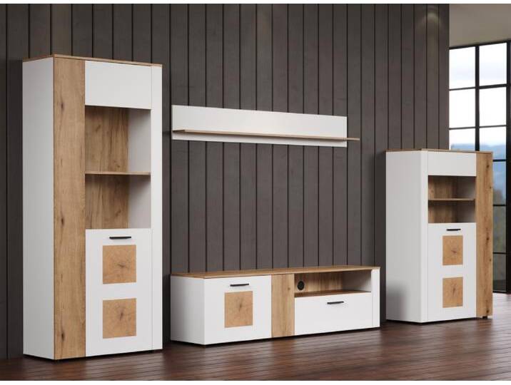 Wohnwand Anbauwand Vitoria , weiß / Coast Evoke Oak , 4-teilig Komplettset von fh furnhaus
