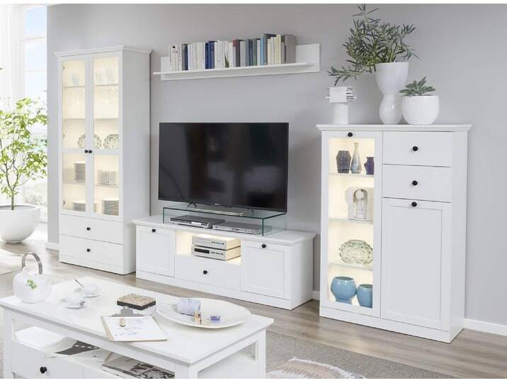 Wohnwand Baxter , weiß , Landhausstil , 4-teilig , LED Beleuchtung von fh furnhaus