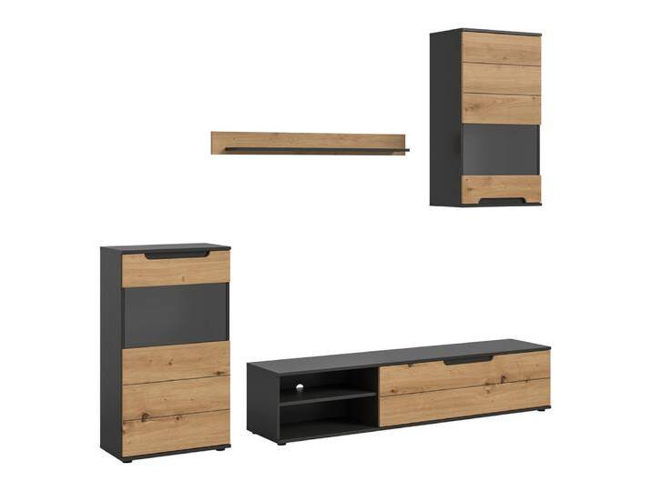 Wohnwand Cajak , Artisan / Basalt grau , 4-teilig mit Beleuchtung von fh furnhaus
