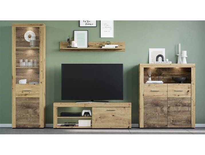 Wohnwand Fly , Artisan Eiche , 4-teilig , LED Beleuchtung Vitrine ohne Beleuchtung TV-Lowboard ohne Beleuchtung Highboard mit 2er Set LED Unterbausspots Wohnwand Fly , Artisan Eiche , 4-teilig , LED Beleuchtung Vitrine ohne Beleuchtung TV-Lowboard ohne Beleuchtung Highboard mit 2er Set LED Unterbausspots von fh furnhaus