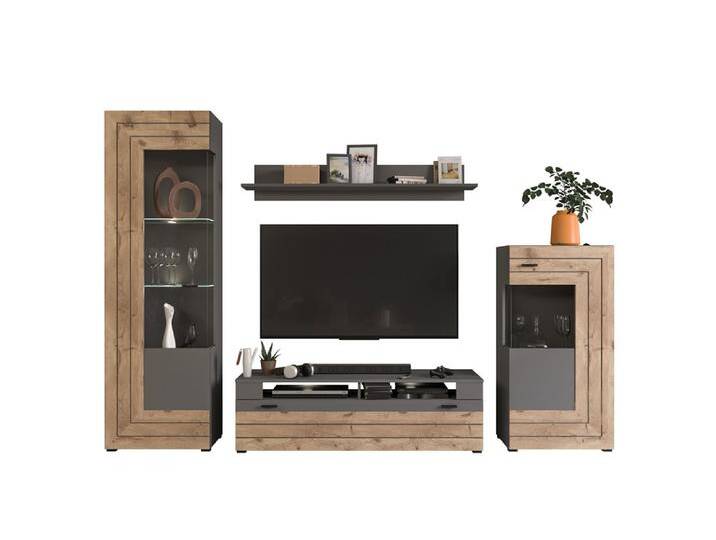 Wohnwand Freno , grau matt / Nox Oak , 4-teilig , LED Beleuchtung von fh furnhaus