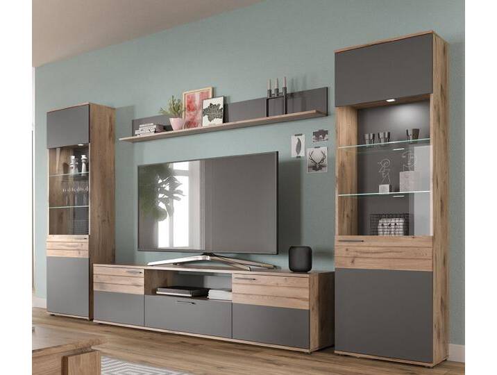 Wohnwand Mason 1 , Nox Oak / Basalt Grau , 4-teilig von fh furnhaus
