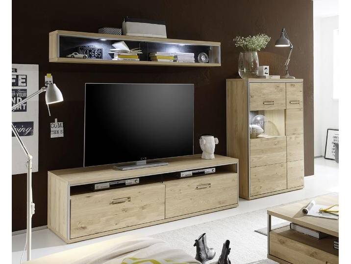 Wohnwand Wohnkombination 4 Espero , Asteiche Bianco , 3-teilig , LED Beleuchtung von fh furnhaus