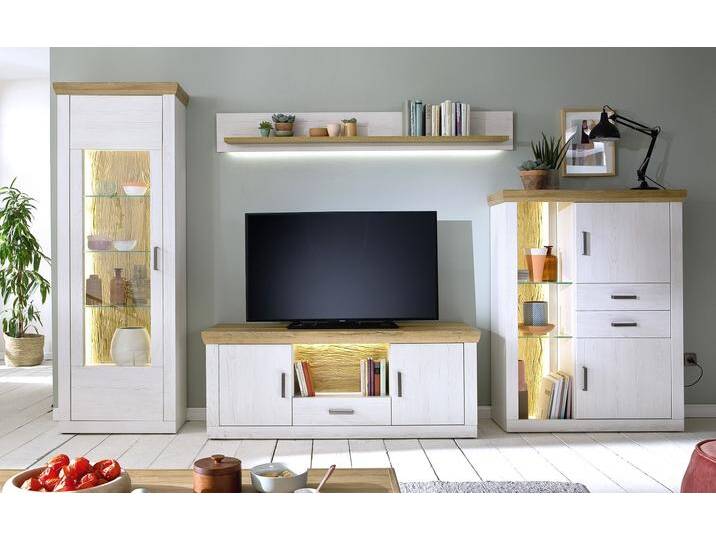 Wohnwand Wohnkombination Madrid , Landhaus , Pinie Aurelio/ Grandson Oak , 4-teilig , LED Beleuchtung von fh furnhaus