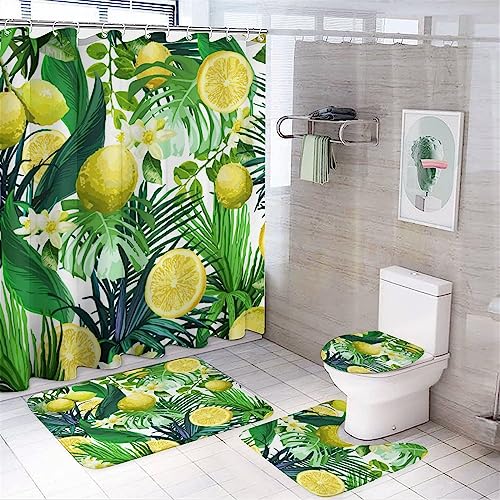 fifbird Duschvorhang-Set mit tropischen Früchten, Zitrone, abstrakte exotische Blume, Zitronenpalmenblätter, Badezimmer-Dekor-Set mit Teppichen, inklusive rutschfestem WC-Deckelbezug, Badematte, fifbird Duschvorhang-Set mit tropischen Früchten, Zitrone, abstrakte exotische Blume, Zitronenpalmenblätter, Badezimmer-Dekor-Set mit Teppichen, inklusive rutschfestem WC-Deckelbezug, Badematte, von fifbird