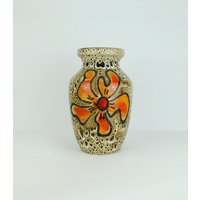 Mid Century Fat Lava Vase Carstens Modell Nr. 7312-30 Tropfglasur Blumendekor Orange Rot von fiftieshomestyle