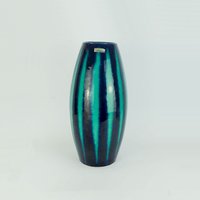 Scheurich Europ-Linie Mid Century Vase Modell-Nr. 248-38 Streifendekor Blau Und Smaragdgrün von fiftieshomestyle