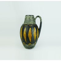 Scheurich Vintage Keramik Vase Modell Nr. 279-38 Schwarz-Weiße Fat Lava Glasur Mit Ocker Krugvase von fiftieshomestyle