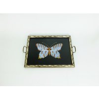 Wunderschönes Tablett Um 1910 Glas Holz Metall Schmetterlingsmotiv von fiftieshomestyle