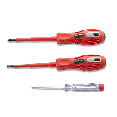 FINDER XJ193083P Beruf Isolierter Elektriker-Schraubendreher-Set, Schlitz- und Kreuzschlitzschraubendreher-Set mit elektrischem Stift, 3er-Set von finder