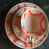 Edelstein Porzellan Teetasse Art Deco Sammeltasse Tee-Gedeck 3-Teilig Handbemalung Gold Edelstein Bavaria, Deutschland Fine Selten von fineartsdeco