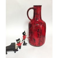 Große Rote Keramik Vase, Handgefertigt Gräfliche Manufaktur Ortenberg, Deutschland , Design Henkelvase Rot Schwarzglasur 1960-70Er von fineartsdeco