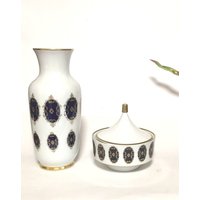 Kobalt Porzellan Vase Set Handgemalt Weisse Vase+ Deckeldose 24Kgold Bodenvase Weiss Kobaltblau Gold Manufaktur Germany 1960Er von fineartsdeco