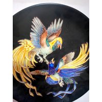Majolika Wandplatte Vögel Design Entwurf Wand Deko Oder Obst Servierplatte Regenbogen Glasur, Karlsruhe Germany 60Er von fineartsdeco