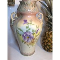 Anton Mehlem Bodenvase, Royal Bonn Jugendstil Vase, Handgemalt Blaue Hibiscus Blumen , Rosa Gelb Pastell, Germany Signiert, Unikat von fineartsdeco