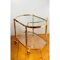 Vintage Barcart Vergoldet Exclusiver Teewagen Oval Tisch 22K Hartvergoldet Messing Sicherheit-Kristallglas Geschliffen Edel Top , Italien von fineartsdeco