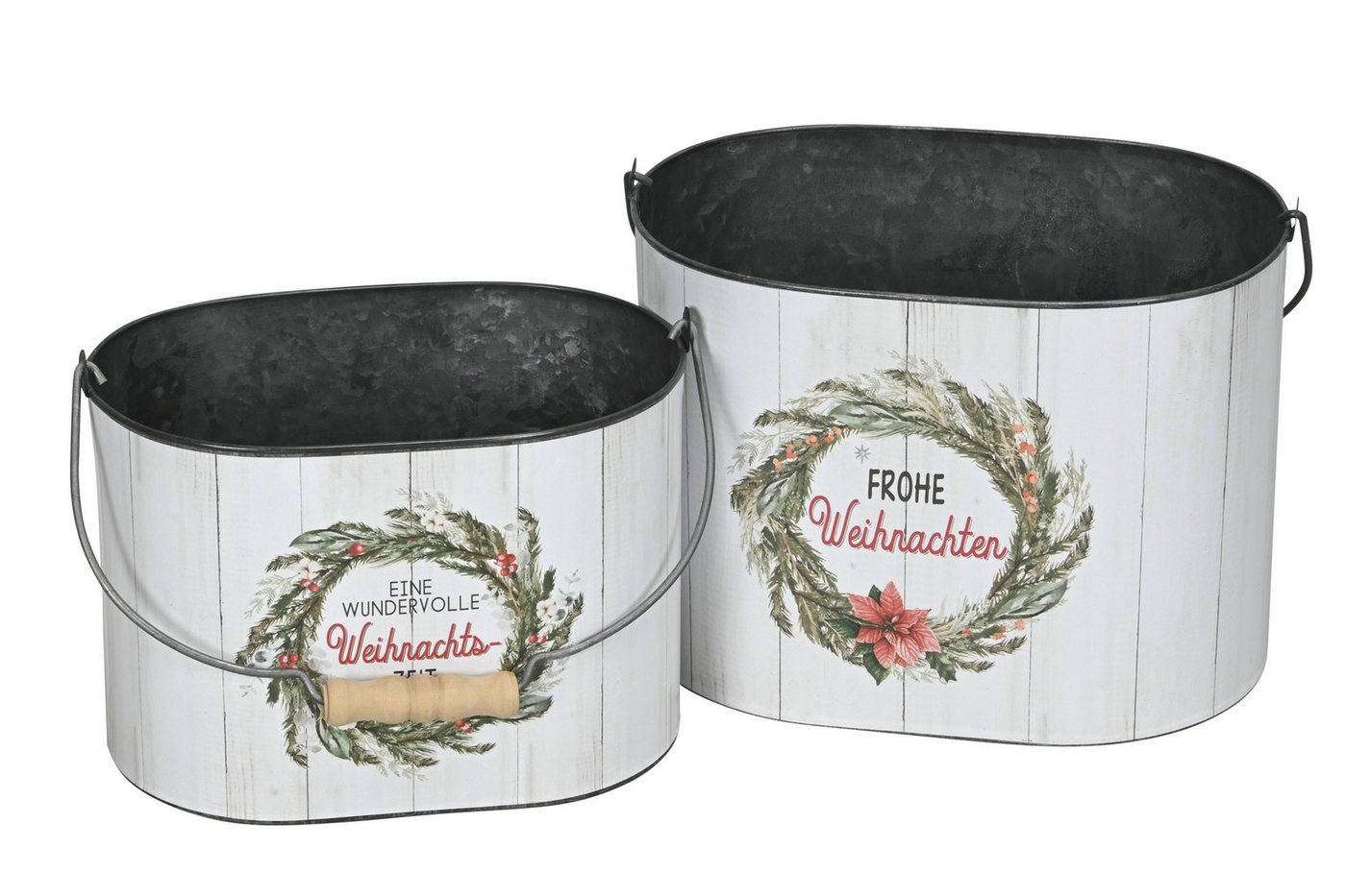 finehomegarden Blumentopf Eimer mit Henkel Metall Weihnachtsmotiv Spruch farbig 2er Set oval (Set, 1 St., 2er-Set), H15cm + H18cm Blumentof Übertopf Pflanzeimer von finehomegarden