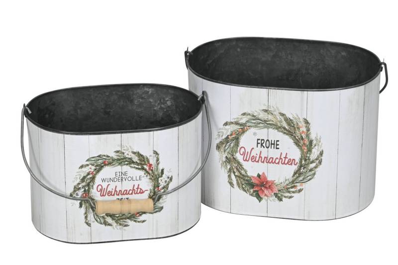 finehomegarden Blumentopf Eimer mit Henkel Metall Weihnachtsmotiv Spruch farbig 2er Set oval (Set, 1 St., 2er-Set), H15cm + H18cm Blumentof Übertopf Pflanzeimer von finehomegarden