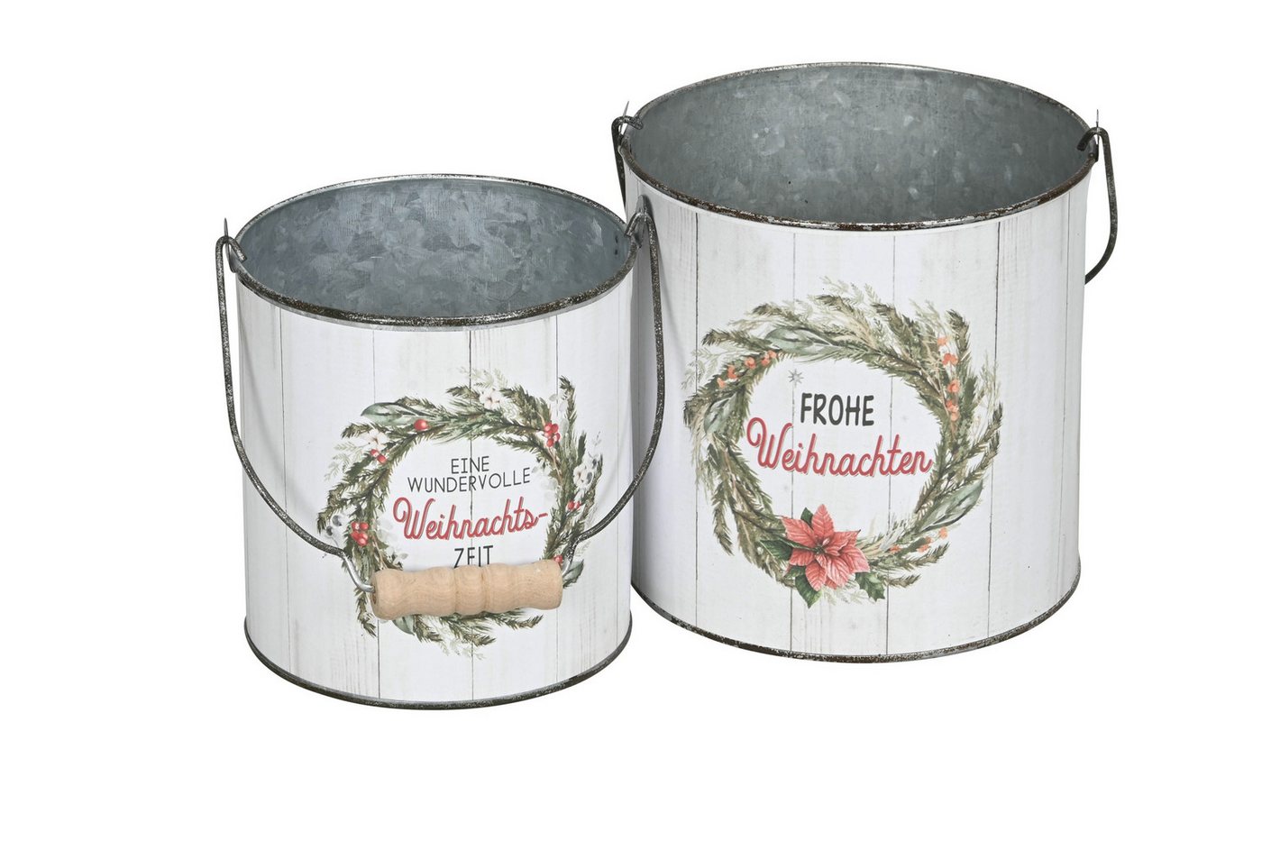 finehomegarden Blumentopf Eimer mit Henkel Metall Weihnachtsmotiv Spruch farbig 2er Set rund (Set, 2 St., 2er-Set), Ø13cm H13cm + Ø15cm H15cm Blumentof Übertopf Pflanzeimer von finehomegarden