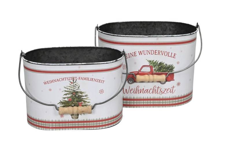 finehomegarden Blumentopf Eimer mit Henkel Metall Weihnachtsmotiv Tanne/Auto Spruch farbig (Set, 2 St., 2er-Set), H15cm + H18cm Blumentof 2er Set oval Übertopf Pflanzeimer von finehomegarden