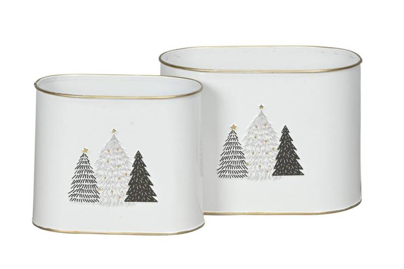 finehomegarden Blumentopf Metall Schale Blumentopf Set/2 Tannen Motiv Übertopf weiß-schwarz (Set, 2 St., 2er Set), H13+14,5cm Dekoratives Pflanzen Festliche Deko von finehomegarden