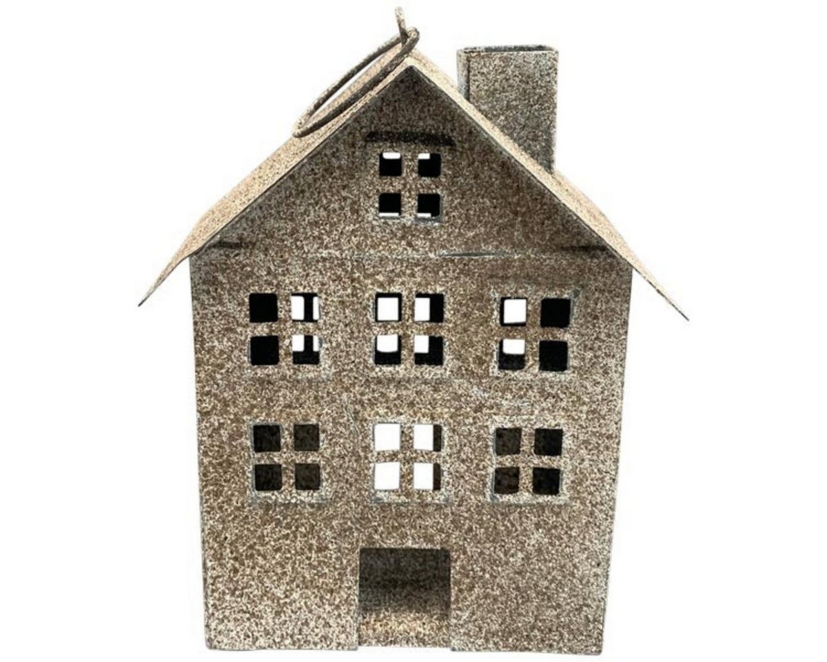 finehomegarden Dekofigur 2x Deko Haus Metall Windlicht 9x7,5cm H13,5cm Lichthäuser stehend (Set, 2 St., 2 tlg), für Garten, Terrasse, Balkon oder Zuhause grau/braun von finehomegarden