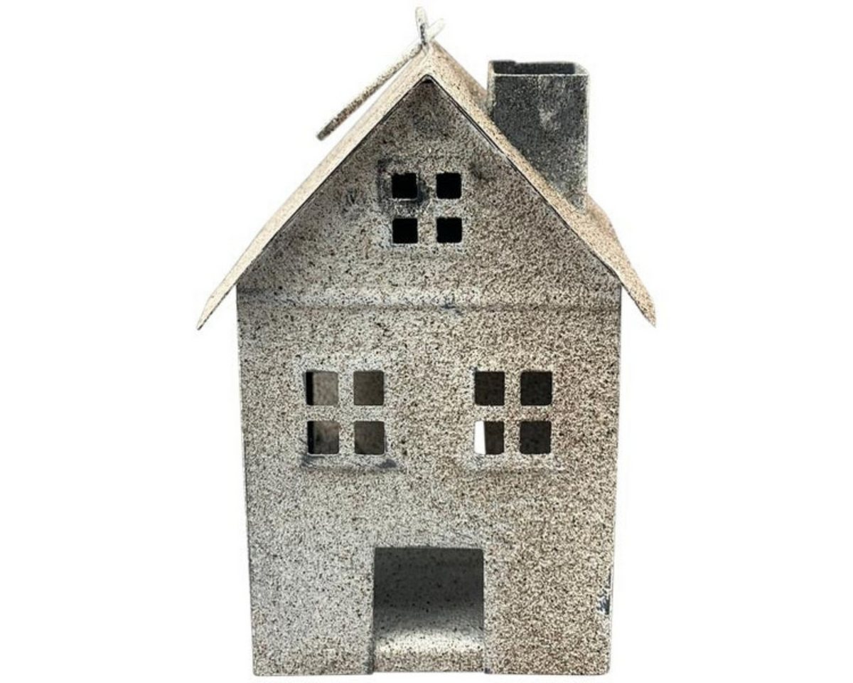 finehomegarden Dekofigur Deko Haus Windlicht Teelichthaus Metall 12x8cm H15,5cm Lichthäuser (1 St), stehend für Garten, Terrasse, Balkon oder Zuhause grau/braun von finehomegarden