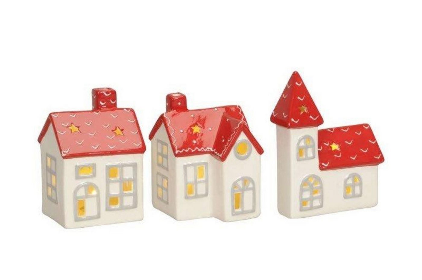 finehomegarden Dekoobjekt LED Haus Kirche 3fach sort. Keramik Weihnachten rot/weiß 8,5cm H12cm (3 St), Weihnachten Herbst Lichthaus Dekohaus Leuchthaus von finehomegarden