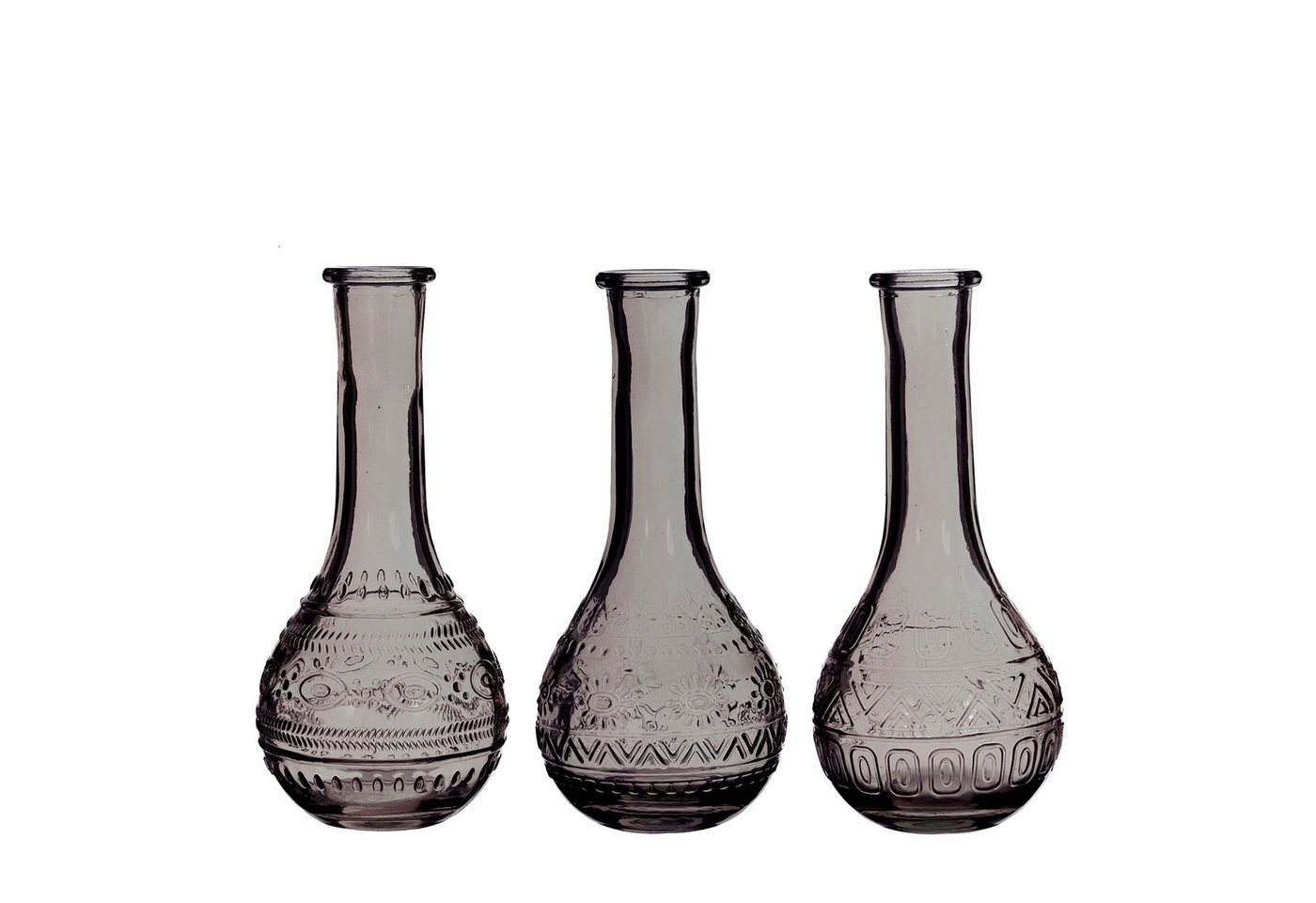 finehomegarden Dekovase Glas Flasche PARIS Ø9cm H21cm Glasflasche 2fach sort. Flasche (3er Set, 3 St., 3 Vasen), Vintage Vase klar, pink, grün, grau Glasvase 4Farben wählbar von finehomegarden