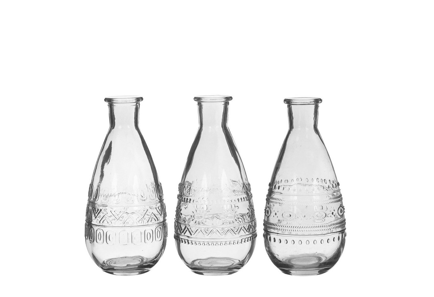 finehomegarden Dekovase Glas Flasche ROME Ø7,5cm H15cm Glasflasche 3fach sort. Flasche (3er Set, 3 St., 3 Vasen), Glasvase Vintage Vase klar, pink, grün, grau 4Farben wählbar von finehomegarden
