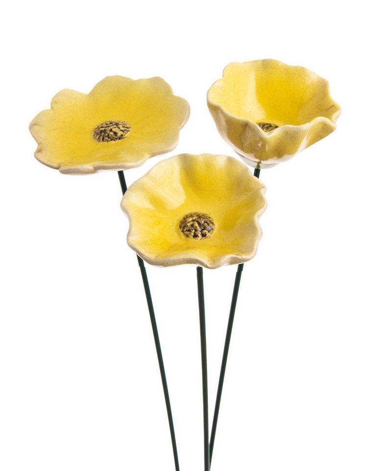 finehomegarden Gartenstecker Blüte Mohnblume Gartenstecker Insektentränke Ø8/8,5/10cm Stab 48cm (Set, 3-St., 3tlg.-Set) Klatschmohn Keramik gelb 3fach sort. Stecker Blütenstecker Garten von finehomegarden