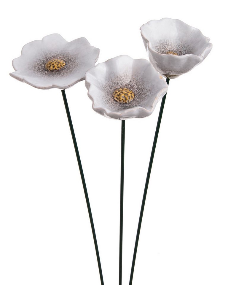 finehomegarden Gartenstecker Blüte Mohnblume Gartenstecker Insektentränke Ø8/8,5/10cm Stab 48cm (Set, 3-St., 3tlg.-Set) Klatschmohn Keramik weiß 3fach sort. Stecker Blütenstecker Garten von finehomegarden