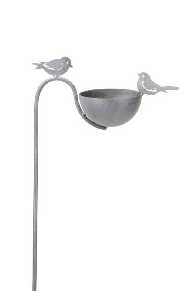 finehomegarden Gartenstecker Vogeltränke Vogel Futterplatz 2Vögel Metall grau Ø27x12cm H118cm (1-St) Futterstation Vogelbad Garten Rankstab / Paket von finehomegarden