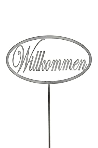 finehomegarden Gartenstecker Willkommen Metall grau 32x18 L118cm Beetstecker Schild Garten von finehomegarden