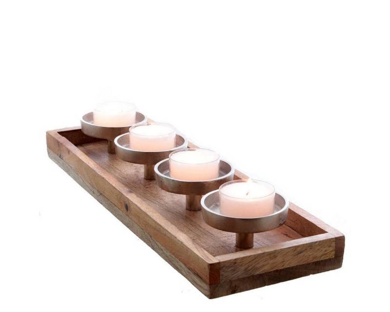 finehomegarden Kerzenhalter Kerzenteller Kerzenleuchter Mangoholz/Alu rechteckig 4Kerzen Advent (1 St), Adventskranz 47x15cm H8cm von finehomegarden