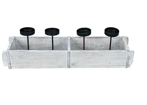 finehomegarden Kerzenhalter Rustik weiß Holz Ziegelform mit 4 Kerzenhaltern Advent Holzkiste 56x15cm H16cm von finehomegarden