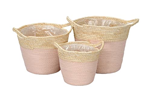 finehomegarden Korb Seegras rund mit Henkel 3er Set natur/rosa Ø17/20/23cm Pflanzgefäß Aufbewahrungskorb von finehomegarden