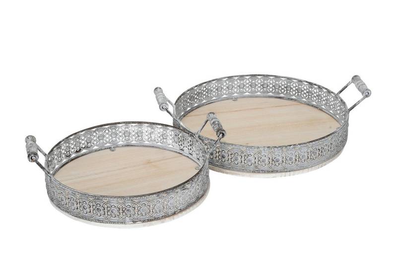 finehomegarden Tablett Dekotablett Metall/ Holz mit Griff 2erSet weiss/natur Serviertablett, (2-tlg), Ø27+32cm H6cm+Ø32cm H6cm Kerzentablett Tablett / Paket von finehomegarden