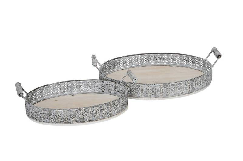 finehomegarden Tablett Dekotablett Metall/Holz mit Griff 2erSet weiss/natur Serviertablett, (2-tlg), oval Ø32x22 cm H6cm+Ø39x28 cm H6cm Kerzentablett Tablett / Paket von finehomegarden