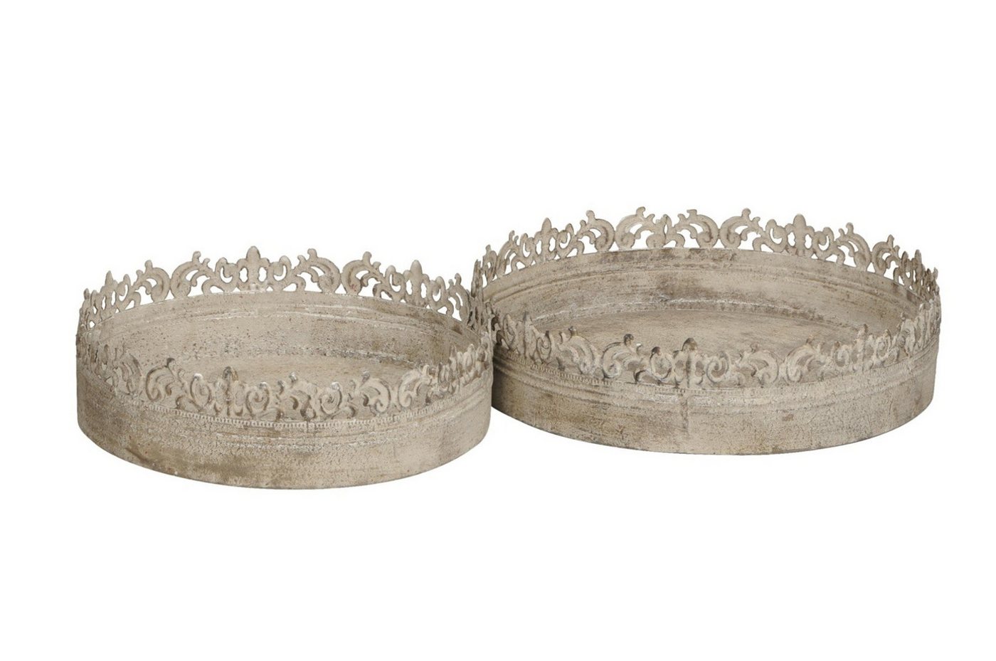 finehomegarden Tablett Dekotablett Schale 2erSet Metall Shabby chic Landhaus Vintage grau, Metall, (Set, 2-tlg., 2 x Tablett Ø30cm H9cm / Ø35cm H9cm), rund Ø30+35cm Kerzentablett / Paket von finehomegarden